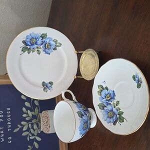 Gainsborough Bone China Blue Floral Tea Cup and Saucer Set Made In England
